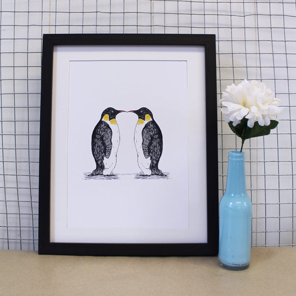 Kissing penguin art print