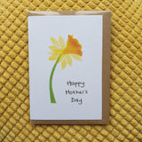 Daffodil card from hand printed artwork by Dot Cotton Crafts. Reads 'Happy Mother's Day'  on front of card