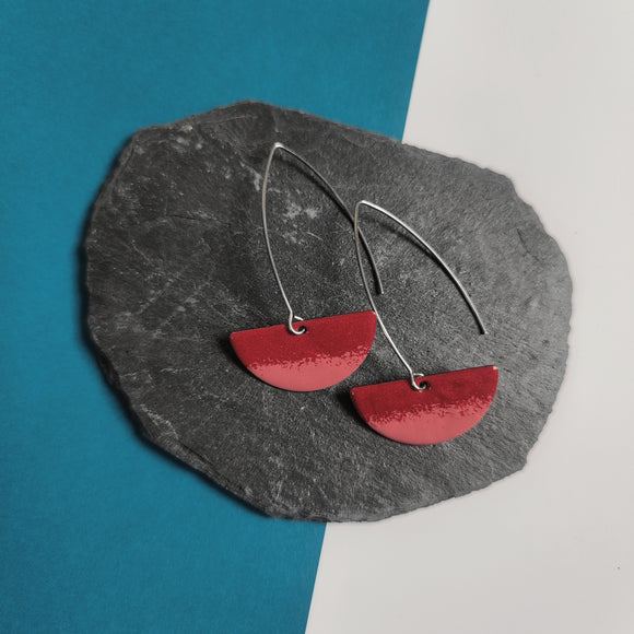 Long Drop Earrings - Semi Circle - Red and Dusty Pink