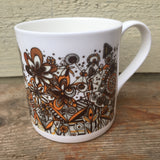 Mustard black and white floral and line pattern fine china mug