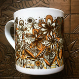 Mustard black and white floral and line pattern fine china mug