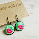 Cotton Fabric Earrings / Pink Rose Green