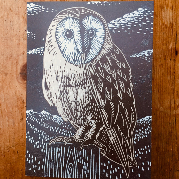'Barn Owl' Lino Art Card