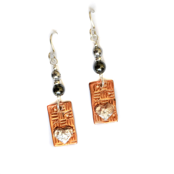 Copper Drop Earrings with Silvered Heart and Haematite Beads